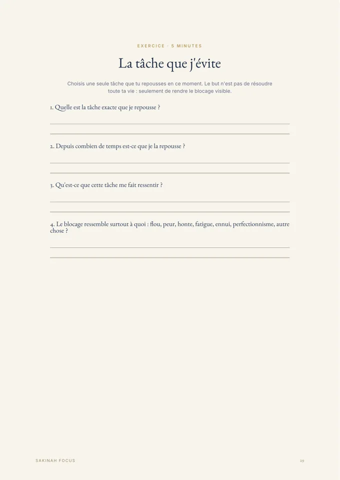 Page réelle du guide Procrastination & Islam présentant « La tâche que j’évite »