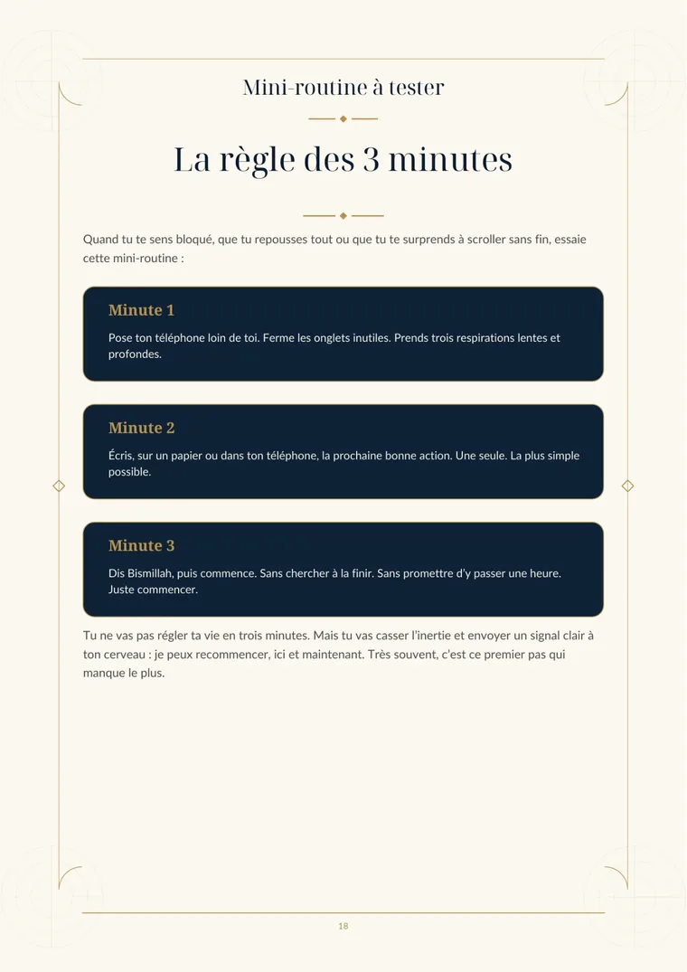 Aperçu réel du guide TDAH et Islam présentant la mini-routine La règle des 3 minutes