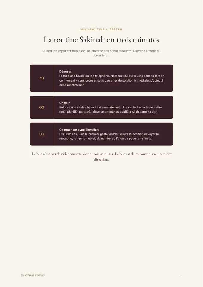 Page réelle du guide Charge mentale & Islam présentant « La routine Sakinah en trois minutes »