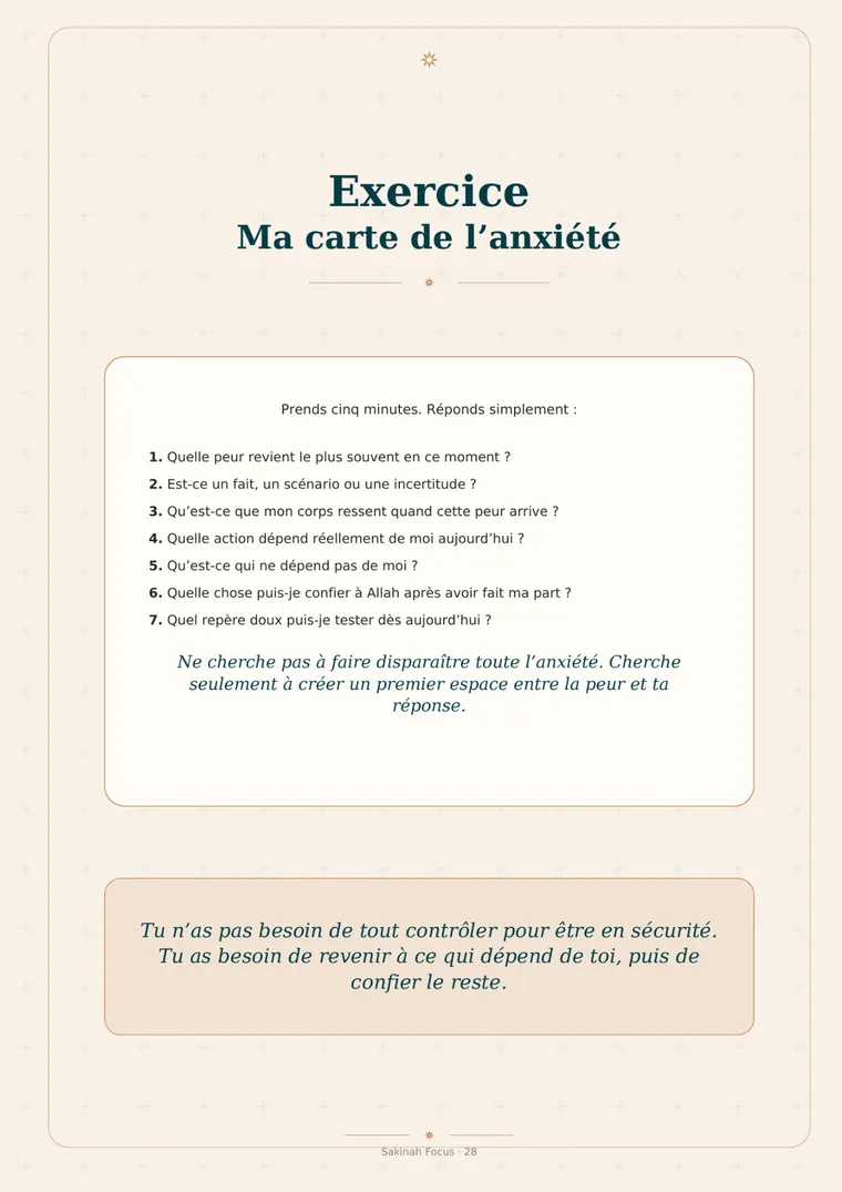 Aperçu réel du guide Anxiété et Islam présentant l’exercice Ma carte de l’anxiété