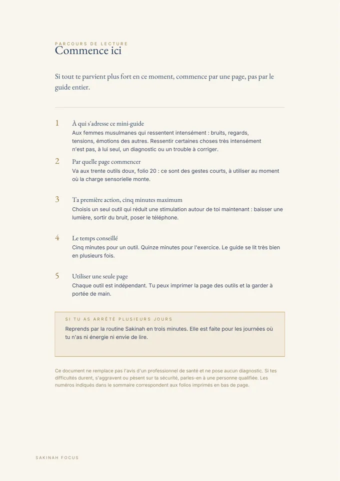 Page réelle du guide Hypersensibilité & Islam présentant « Commence ici »