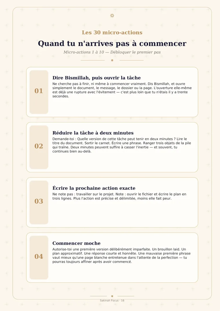 Aperçu réel du guide Procrastination et Islam présentant plusieurs micro-actions pour commencer une tâche