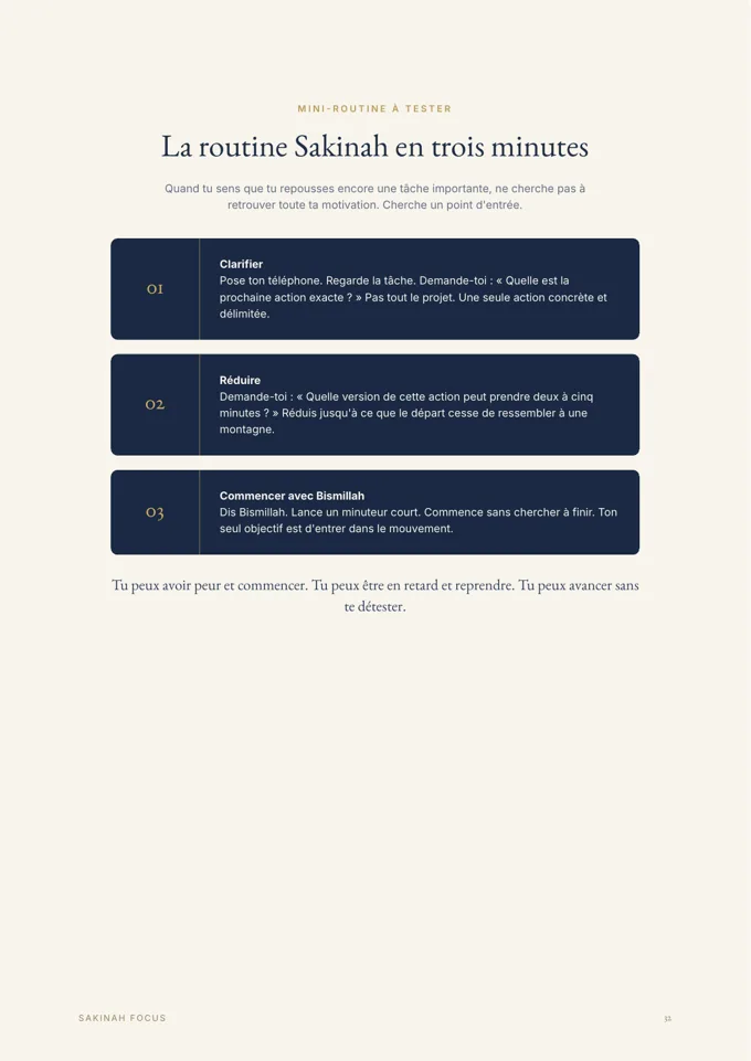 Page réelle du guide Procrastination & Islam présentant « La routine Sakinah en trois minutes »