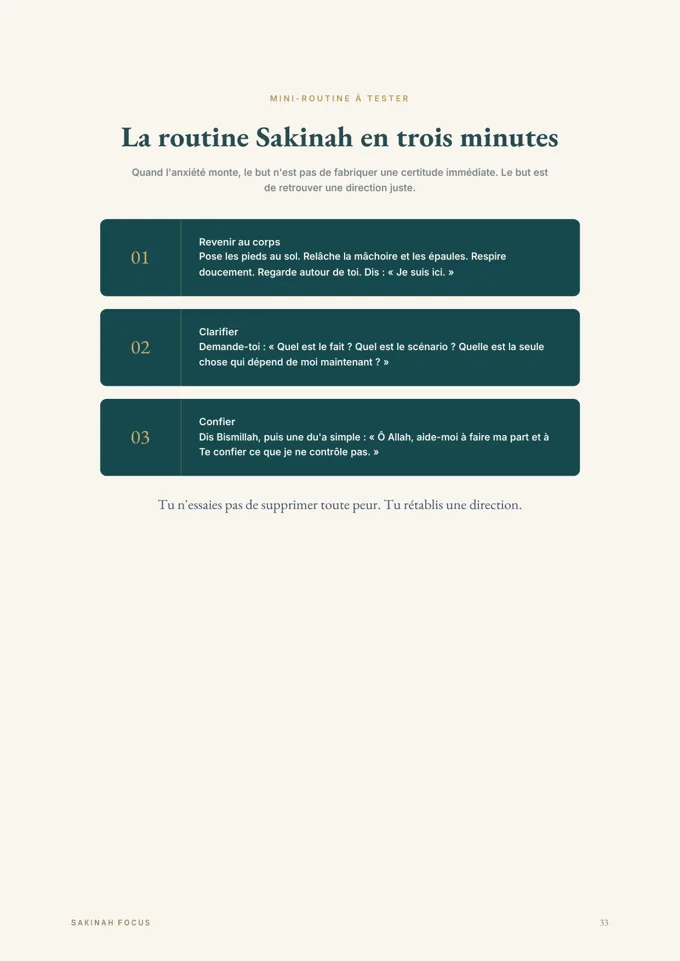 Page réelle du guide Anxiété & Islam présentant « La routine Sakinah en trois minutes »