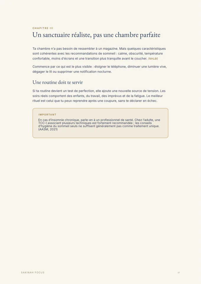 Page réelle du guide Sommeil & Islam présentant « Un sanctuaire réaliste, pas une chambre parfaite »