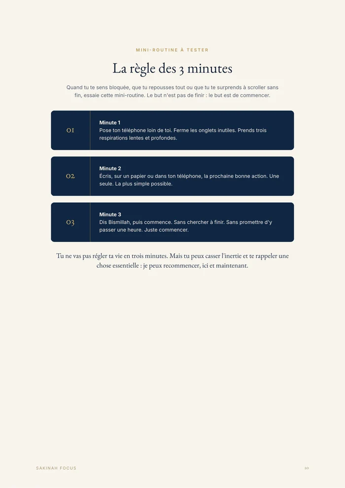 Page réelle du guide TDAH et Islam présentant la mini-routine La règle des 3 minutes
