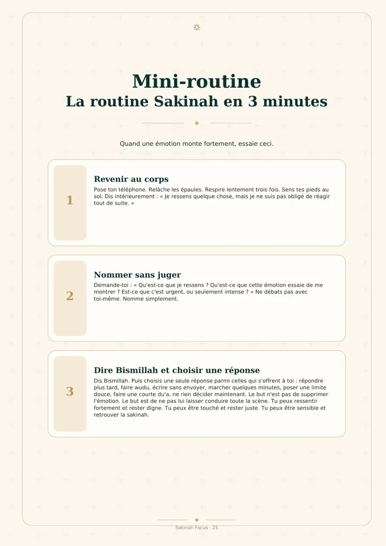 Aperçu réel du guide Hypersensibilité et Islam présentant la routine Sakinah en trois minutes