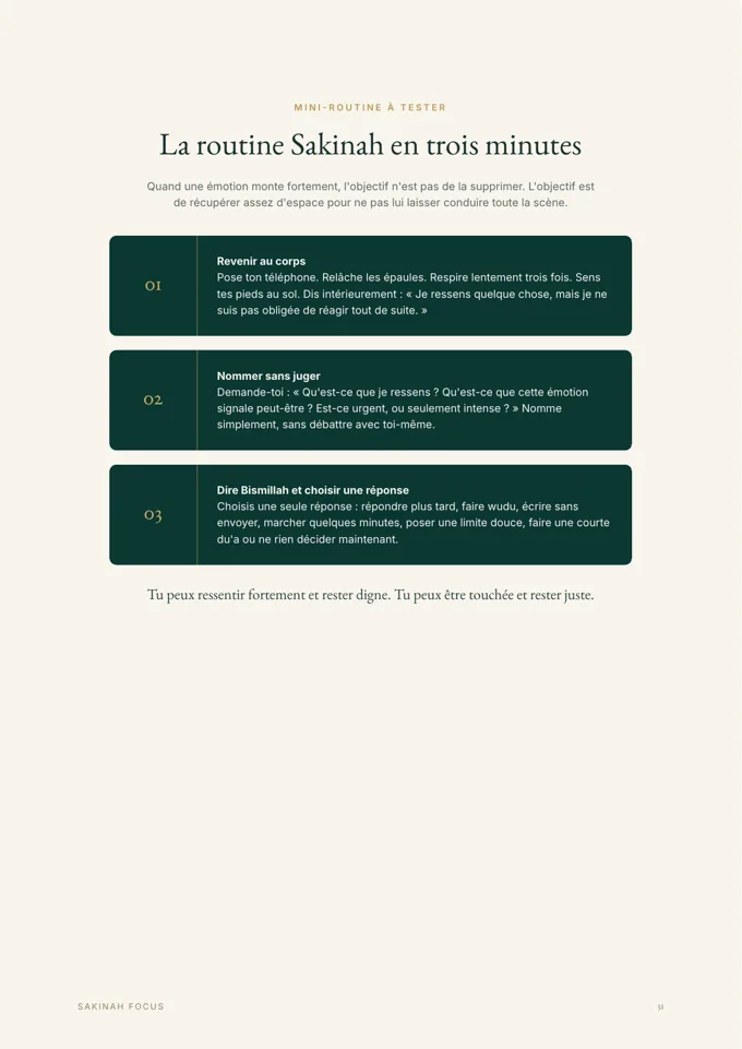Page réelle du guide Hypersensibilité & Islam présentant « La routine Sakinah en trois minutes »