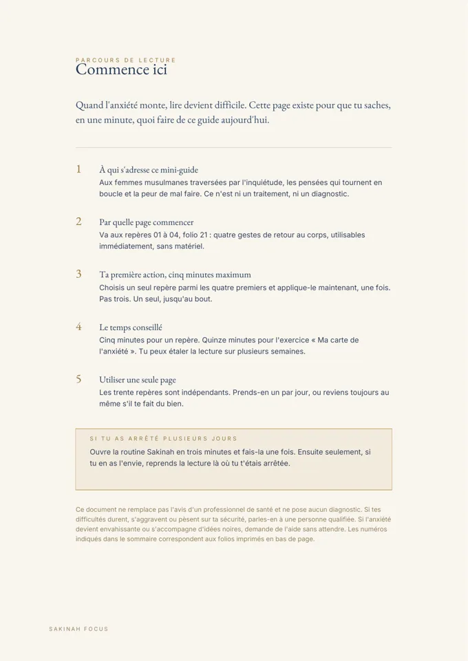 Page réelle du guide Anxiété & Islam présentant « Commence ici »