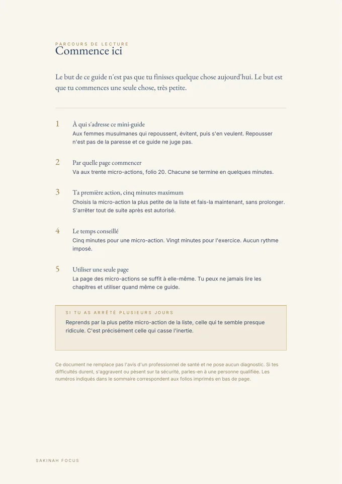 Page réelle du guide Procrastination & Islam présentant « Commence ici »