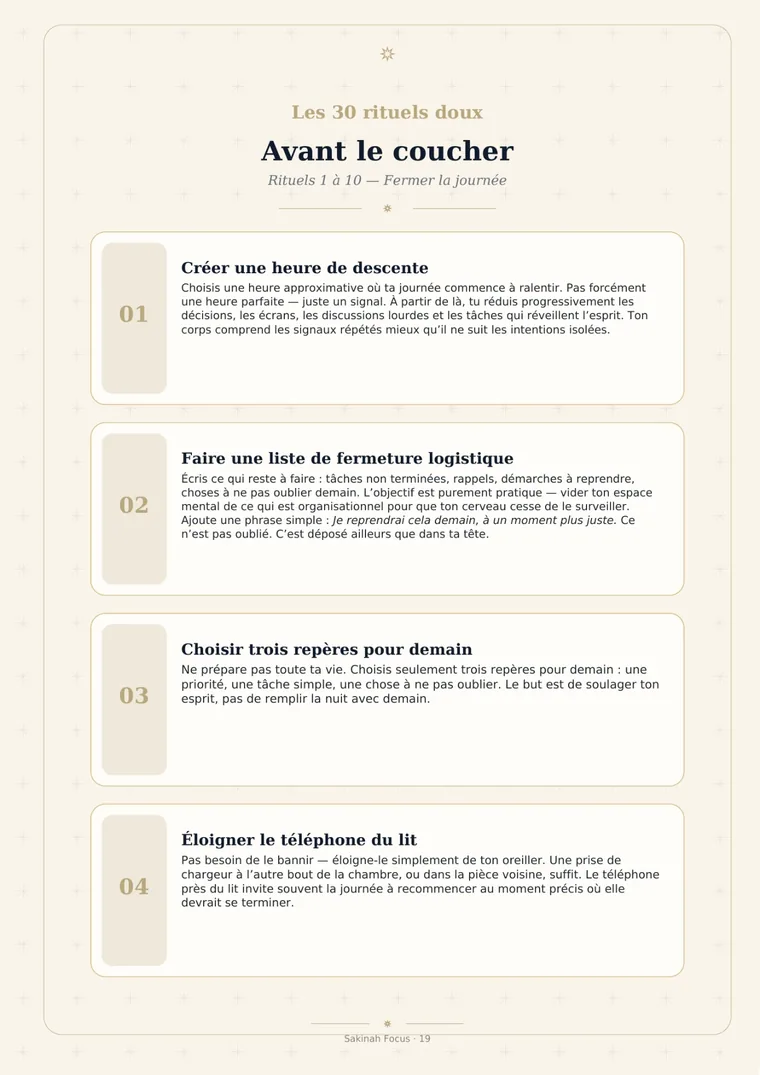 Aperçu réel du guide Sommeil et Islam présentant des rituels avant le coucher