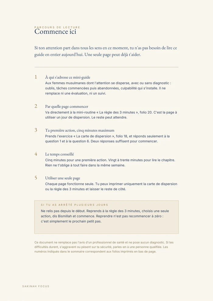 Page réelle du guide TDAH et Islam présentant le parcours Commence ici