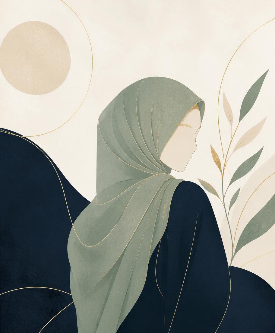 Portrait illustratif d'une femme voilée, illustration éditoriale aux teintes crème, vert sauge et bleu nuit représentant l'univers de Sakinah Focus