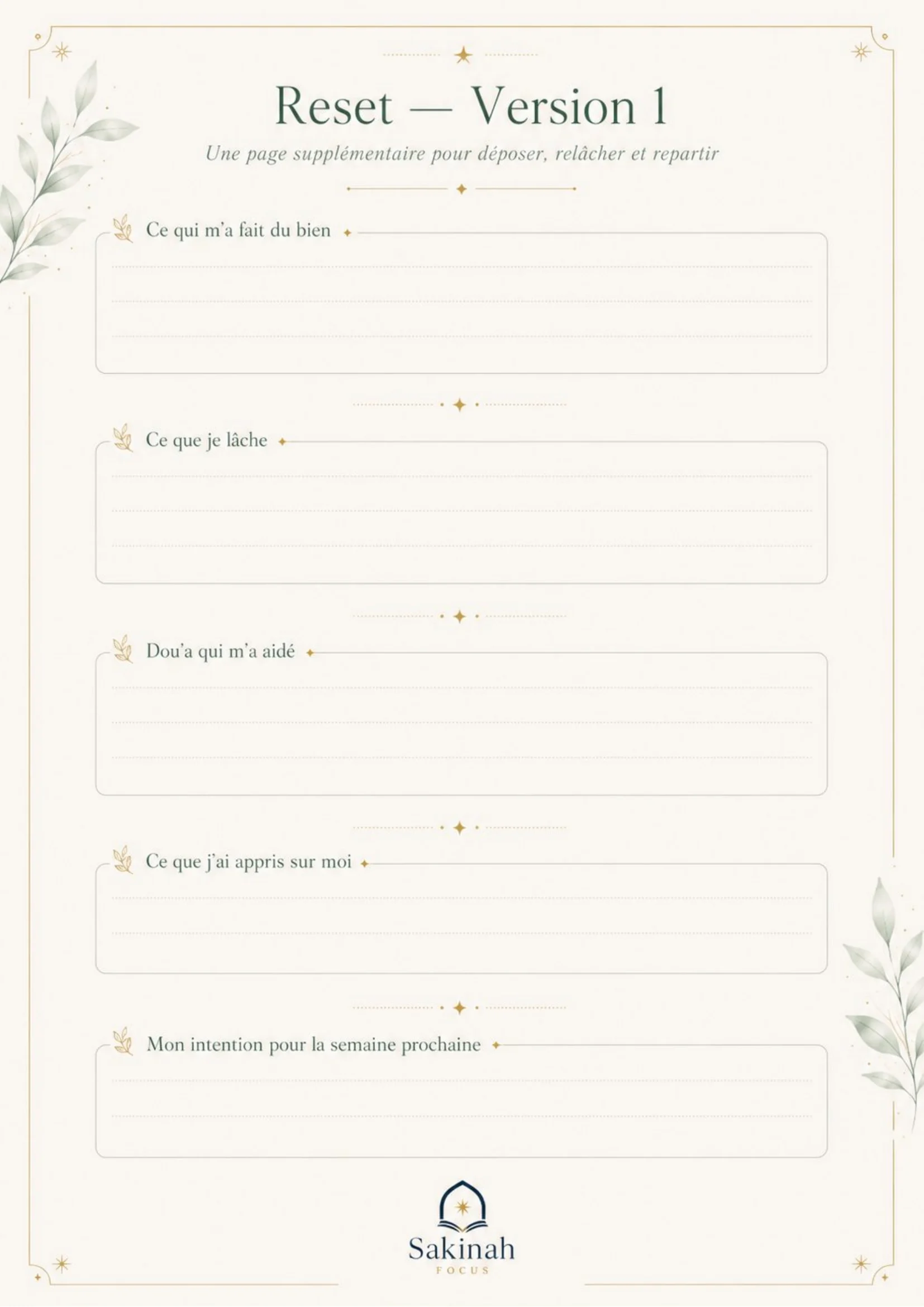 Page Reset — Version 1 du Planning Kit Sakinah Focus : ce qui m’a fait du bien, ce que je lâche, dou’a qui m’a aidé, ce que j’ai appris sur moi, mon intention pour la semaine prochaine