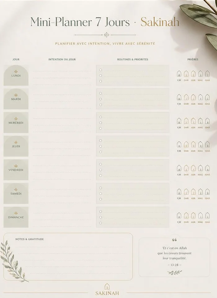 Planning Kit Complet Sakinah Focus — pages imprimables de mois, vue d’ensemble hebdomadaire et cartes Dou’a